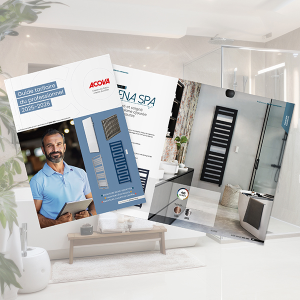 Overlapping brochures fanned in a bright showroom with a man in a blue polo on one cover and a modern radiator on another, including the text 'Guide tarifaire du professionnel 2025-2026'