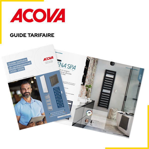ACOVA branding with the 'Guide Tarifaire' catalogs fanned on a white background.